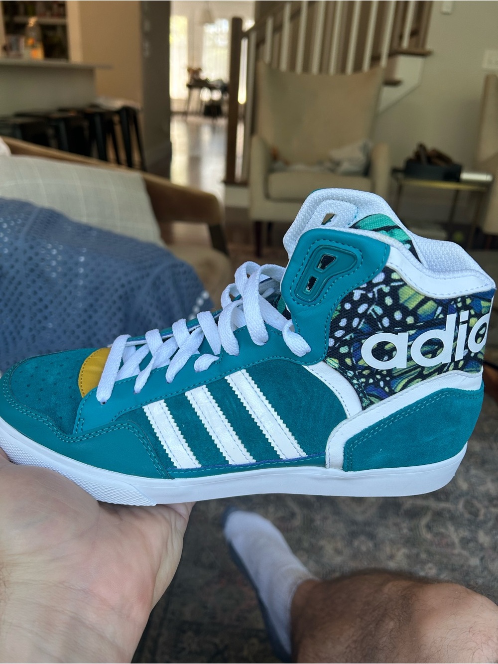 adidas Teal High-Top Sneakers with White Stripes and Yellow Accent